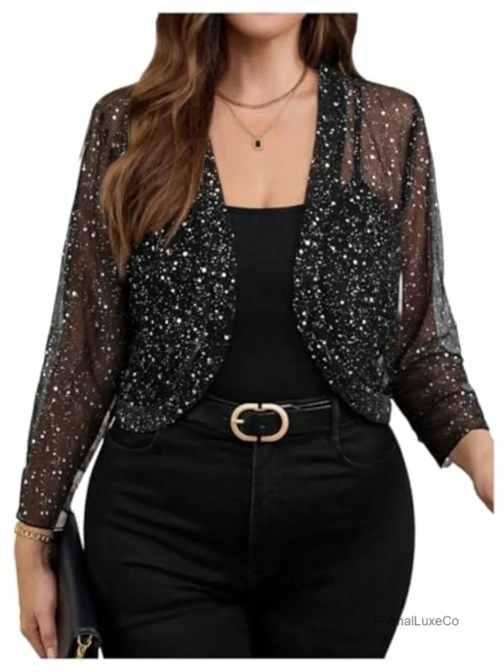 Plus Size Sequin Sheer Bolero Shrug Open Front Long Sleeve Party Cropped